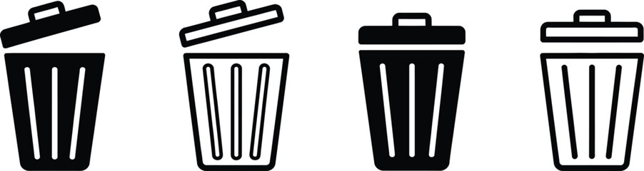 Trash Can Icons Open Closed Waste Bin Symbols in Black Isolated on Transparent