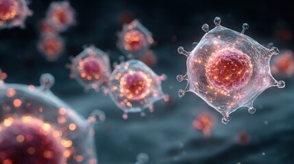 Microscopic view of cellular structures with pink interiors