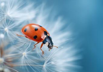 Obraz premium A close-up of an elegant ladybug perched on the fluffy seeds of a dandelion, in the style of macro photography, with a macro lens capturing intricate details and textures. A serene white background en