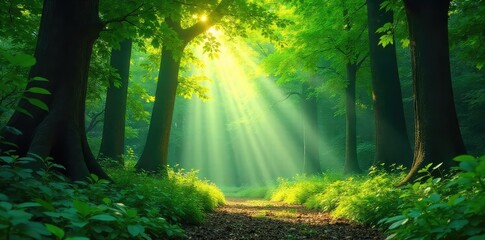 Fototapeta premium Lush green forest canopy, sunlight dappling through leaves, creating a magical atmosphere of tranquility and peace Perfect for nature, environmental, and travel themes , habitat, woods, wild