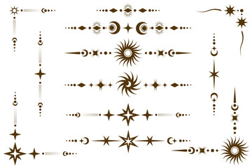 Celestial stars frame with magic ornament of moon and sun. Elegant astrology tarot divider for text and menu. Spiritual mystic decoration on white background.