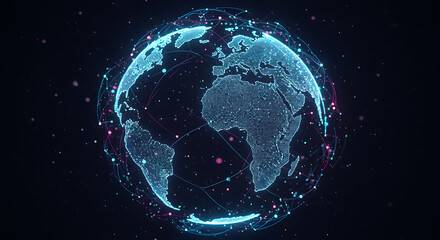 Glowing digital globe with connected lines and dots, symbolizing global network communication.