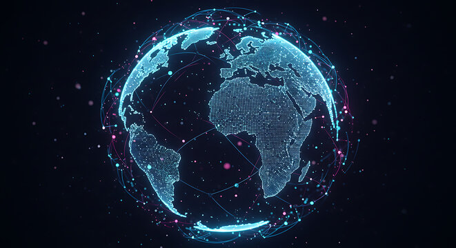 Glowing digital globe with connected lines and dots, symbolizing global network communication.
