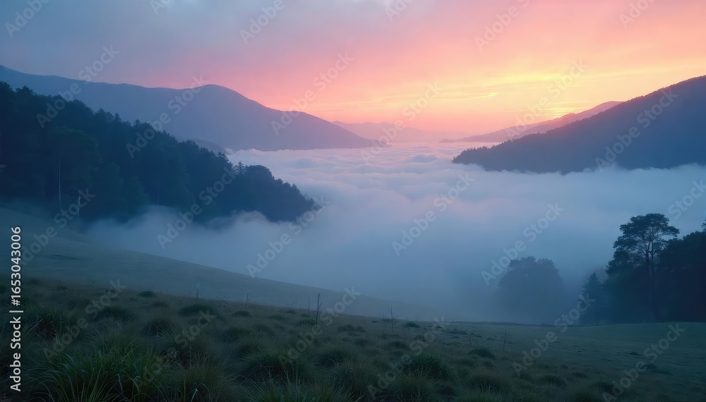 Sticker mysterious and ethereal fog rolling over a tranquil landscape at dawn, creating a mystical and seren