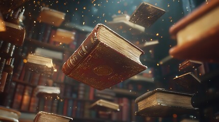 Floating books in a library with gold accents and magical particles in the air creating a fantasy scene