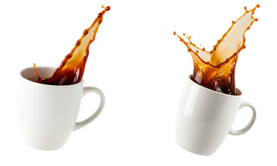 Coffee splash set PNG. Hot black coffee spilling out of a white ceramic mug isolated. Spilled coffee PNG. Brown coffee liquid overflowing and splashing from white cup isolated. Coffee caffeine PNG