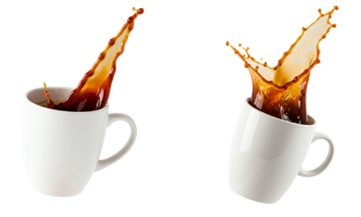 Coffee splash set PNG. Hot black coffee spilling out of a white ceramic mug isolated. Spilled coffee PNG. Brown coffee liquid overflowing and splashing from white cup isolated. Coffee caffeine PNG