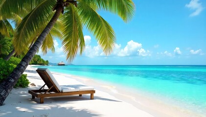 Relaxing on a secluded tropical island, surrounded by crystal-clear turquoise water and swaying palm trees, a comfortable deck chair awaits Perfect for a peaceful escape , blue, caribbean, solitude