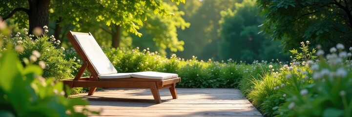 Naklejka premium Relaxing summer scene featuring a deck chair encircled by lush greenery, providing a tranquil and inviting atmosphere for outdoor relaxation , colorful, garden