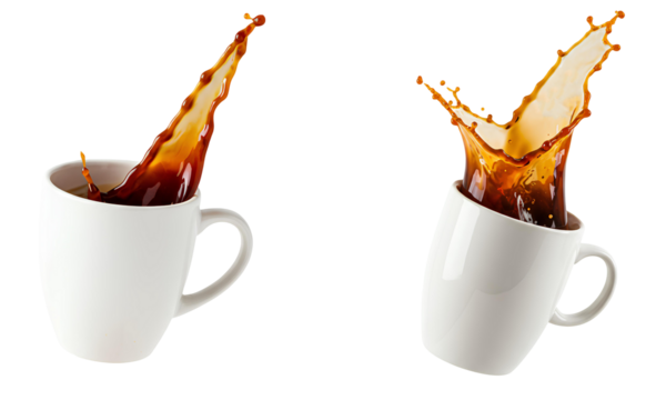Coffee splash set PNG. Hot black coffee spilling out of a white ceramic mug isolated. Spilled coffee PNG. Brown coffee liquid overflowing and splashing from white cup isolated. Coffee caffeine PNG - Powered by Adobe
