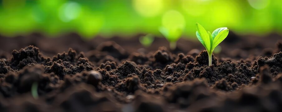 Fototapeta Rich, dark soil freshly turned in a springtime garden, revealing moist earth and sprouting seeds Perfect for gardening, agriculture, and environmental themes , renewal, fertile land, growth