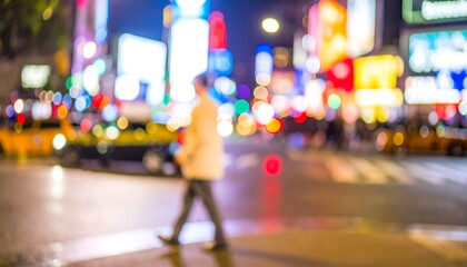 Blurry city street scene at night, showcasing a pedestrian amidst vibrant, colorful lights and out-of-focus vehicles.