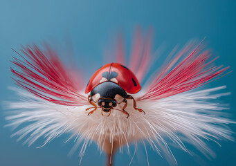 A close-up of an elegant ladybug perched on the fluffy seeds of a dandelion, in the style of macro photography, with a macro lens capturing intricate details and textures. A serene white background en