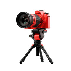 Red DSLR Camera on Tripod Professional Photography Equipment, isolated on transparent background, perfect cutout, PNG