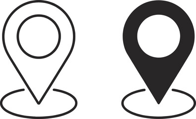 Two Location Pin Icons with Circle Base in Black Outline and Filled Style