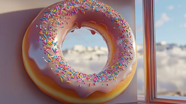 A small, round window framed entirely by a single giant glazed donu