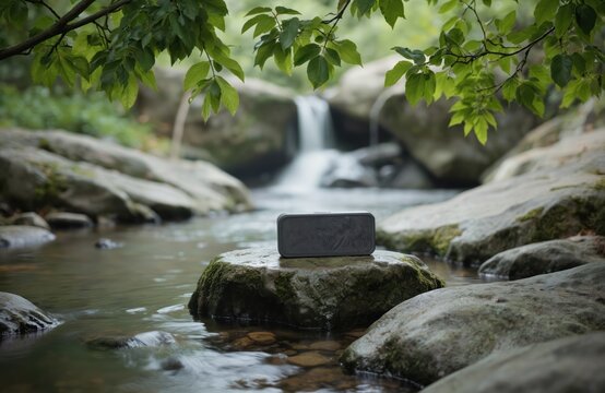 Portable Bluetooth speaker rests on mossy rock beside tranquil stream with waterfall background. Rich green plants frames serene outdoor scene. Enjoy music, relaxation, technology in nature calm.