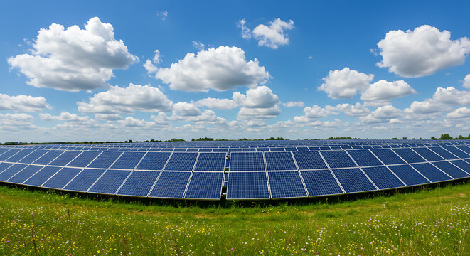 Vast array of photovoltaic panels stretches across a vibrant green field under a clear blue sky.