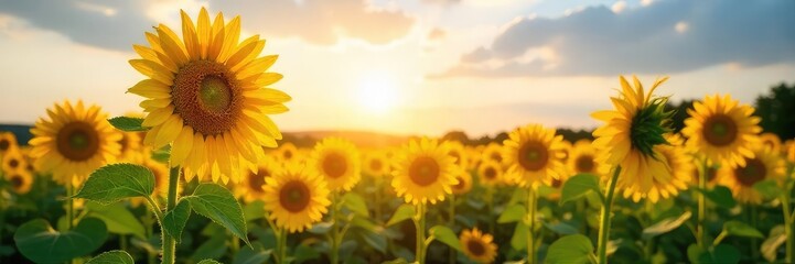 Tall sunflowers bask in golden sunlight, their faces tilted towards the sun in a vibrant field A picturesque summer scene with abundant blooms reaching for the sky , floral, golden, bloom