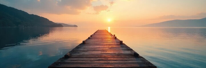 Fototapeta premium Tranquil scene of a wooden dock extending into calm waters, bathed in the soft light of sunrise Perfect for travel, nature, and serenity themes , sun, dock