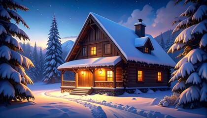 Snowy cabin nestled in a winter forest at twilight