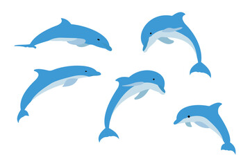 Funny cartoon dolphin characters vector illustration set.