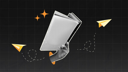 Halftone collage, hand holding a book with paper planes and black paper background. education, learning, reading, knowledge, literature, and study