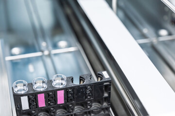 Close up reagent control blood test set with automatic machine in laboratory.Researcher analysis...