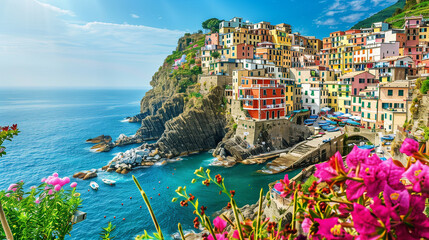 A vibrant coastal village perched on a cliff overlooking the turquoise sea with colorful buildings and flowers