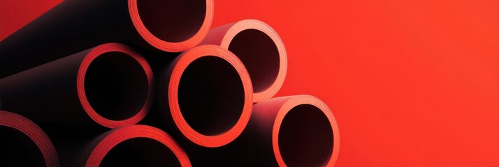 Stack of dark pipes on red background, industrial material and construction