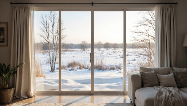 Cozy home interior sliding patio door opening to serene winter landscape. Bare trees, snow-covered field, tall grasses create peaceful retreat. Sunlight streams through glass, illuminating room with
