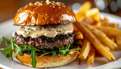 Savory burger with garlic sauce and juicy patty, tasty golden fries. Fast food. Delicious meal.