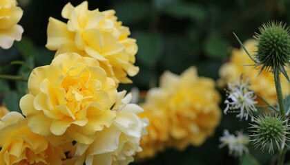 Close-up of several vibrant yellow roses, softly blurred background with green foliage and other plants