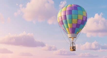 Naklejka premium Colorful Hot Air Balloon Floating in a Dreamy Sky with Pastel Clouds