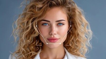 Young woman with curly blonde hair looking at camera in stylish blazer. Clean grey background setting creates a professional ambiance. Concept of corporate, fashion, personal branding