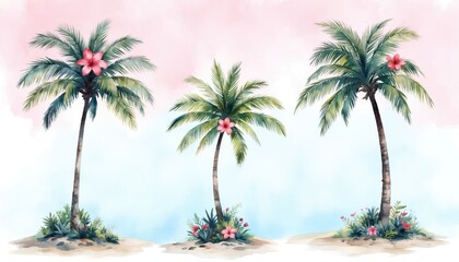 Fototapeta premium Watercolor illustration of three palm trees with vibrant pink flowers, green leaves against pastel pink, blue gradient sky. Tropical scene evokes sense of summer vacation, relaxation, exotic island