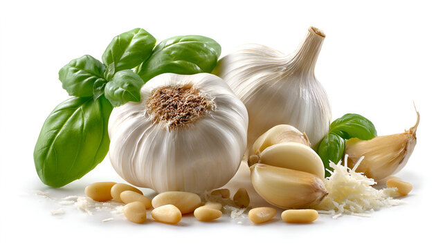 Ingredients for pesto: garlic bulbs, fresh basil, pine nuts, and grated cheese, on a white background