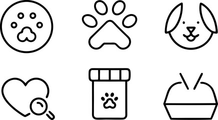 Adorable illustrations of various pet-related icons, including a paw print, a dog's face, and a heart. The icons represent a variety of pet care aspects