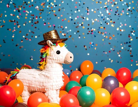 Festive unicorn amidst colorful balloons and confetti - Powered by Adobe