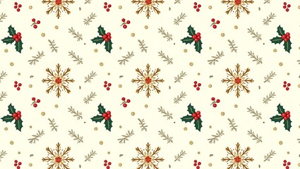 Festive christmas pattern with holly and snowflakes