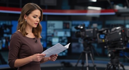 Female news presenter reading from script in broadcasting studio  