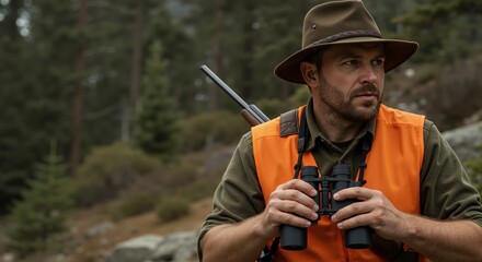 Fototapeta premium Male hunter observing nature with binoculars in forest environment 