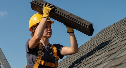 Woman construction worker carrying materials on the roof in bright sunlight  