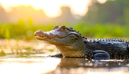 Obraz premium Crocodile in a swampy sunrise