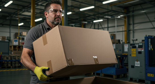 Warehouse worker lifting cardboard box with gloves in industrial setting  