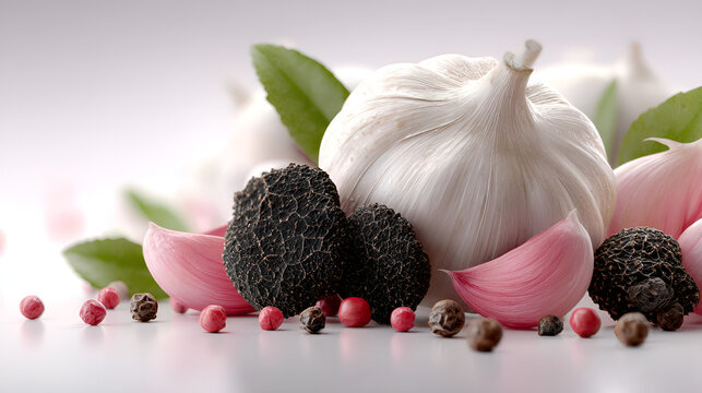 Still life featuring garlic bulb, truffles, peppercorns, and garlic cloves with green leaves on light surface.