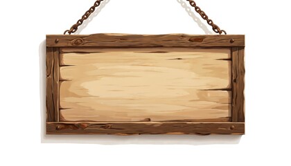 Cartoon set of wooden sign boards hanging on iron chains. Illustration of vintage brown frame. Blank template of saloon, bar pub nameplate with wood texture. Rustic billboard information for game,