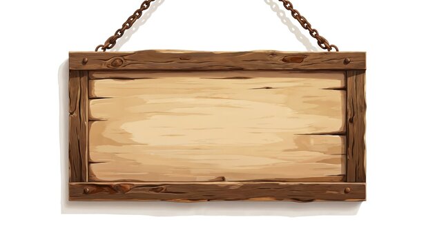 Cartoon set of wooden sign boards hanging on iron chains. Illustration of vintage brown frame. Blank template of saloon, bar pub nameplate with wood texture. Rustic billboard information for game,