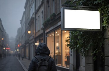 Fototapeta premium City street at night with solitary figure walking. Black jacket, backpack on. White billboard with black border on the right. Street lamps illuminate the scene.