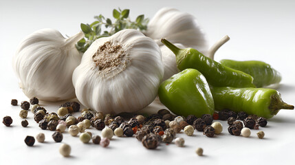 Culinary ingredients: garlic bulbs, peppercorns, and green peppers, adding flavor to healthy gourmet food.